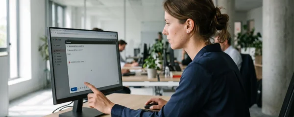 Une salariée dans un bureau vérifie attentivement l'adresse du destinataire sur l'écran d'un e-mail avant d'envoyer un document.