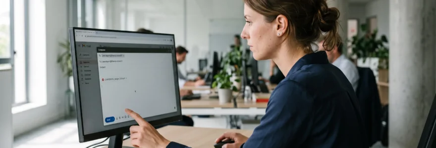 Une salariée dans un bureau vérifie attentivement l'adresse du destinataire sur l'écran d'un e-mail avant d'envoyer un document.